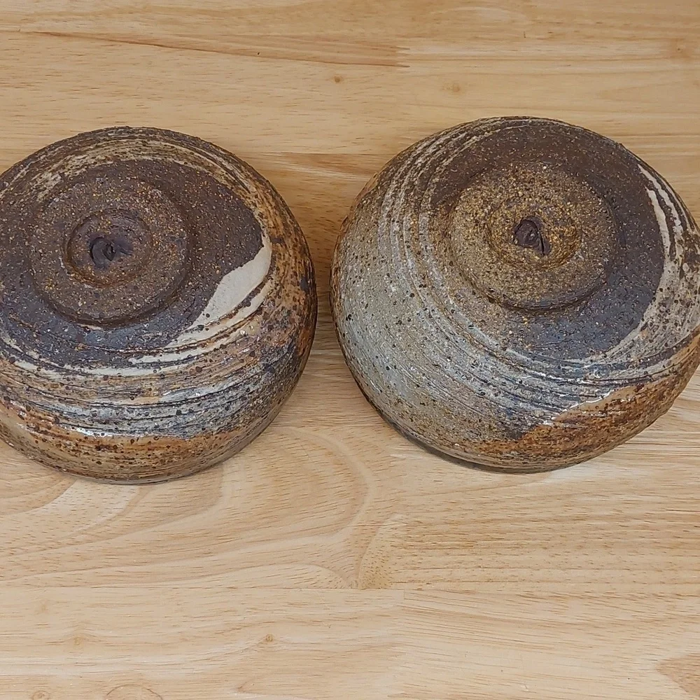 Signed Raku? POTTERY BOWLS BROWN UNUSED SET OF 2